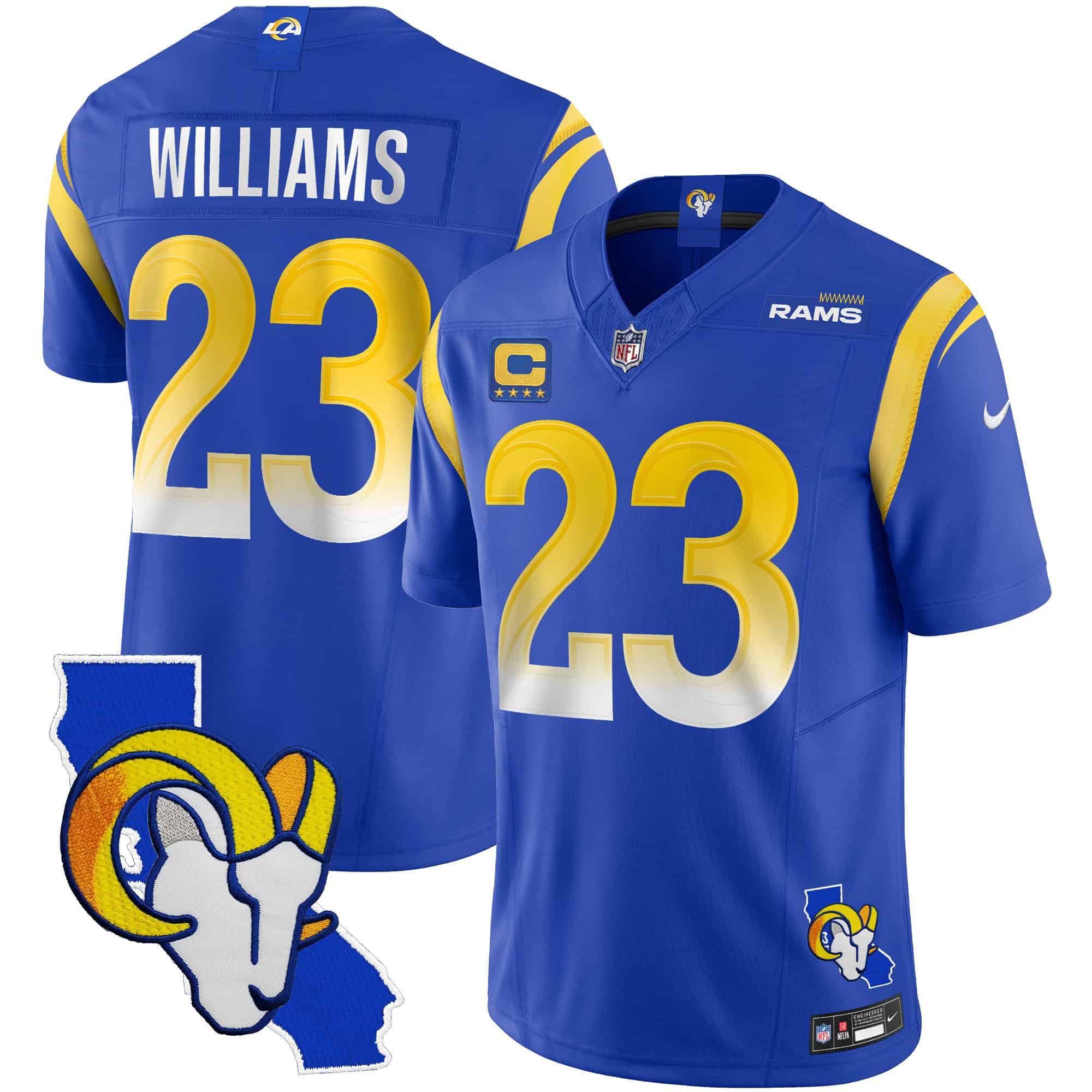 Men Los Angeles Rams #23 Williams Blue 2024 Nike California Patch Vapor Limited NFL Jersey style 1